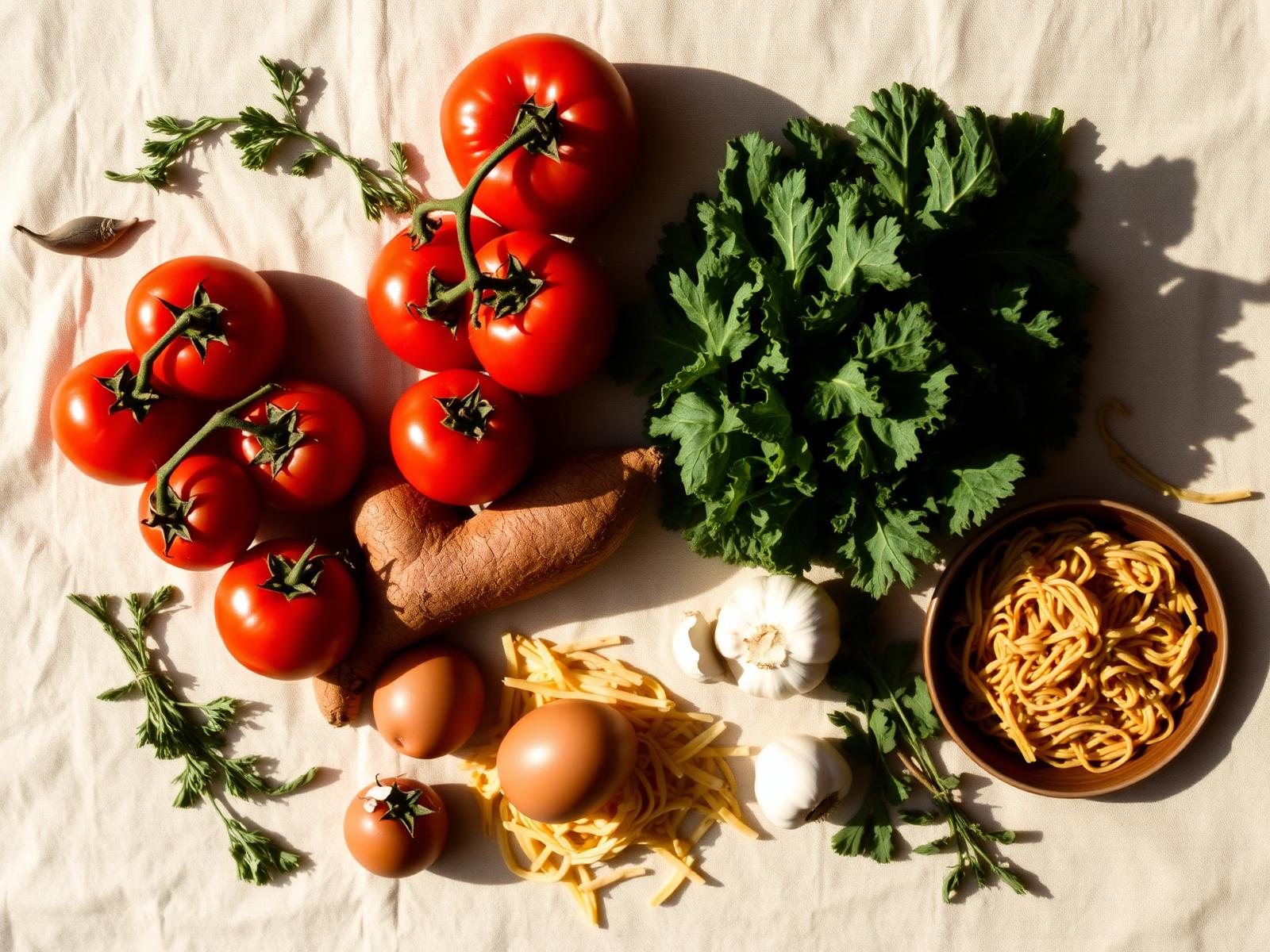 Fresh grocery ingredients including tomatoes, kale, sweet potato, eggs, garlic, and pasta